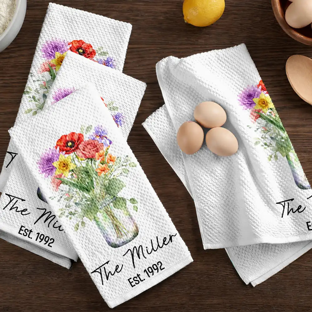 Gift For Wife,Gift For Mother,Gift For Grandma,Happy,Family - Family Grandma Mom Watercolor Birth Flower Jar - Personalized Kitchen Towel