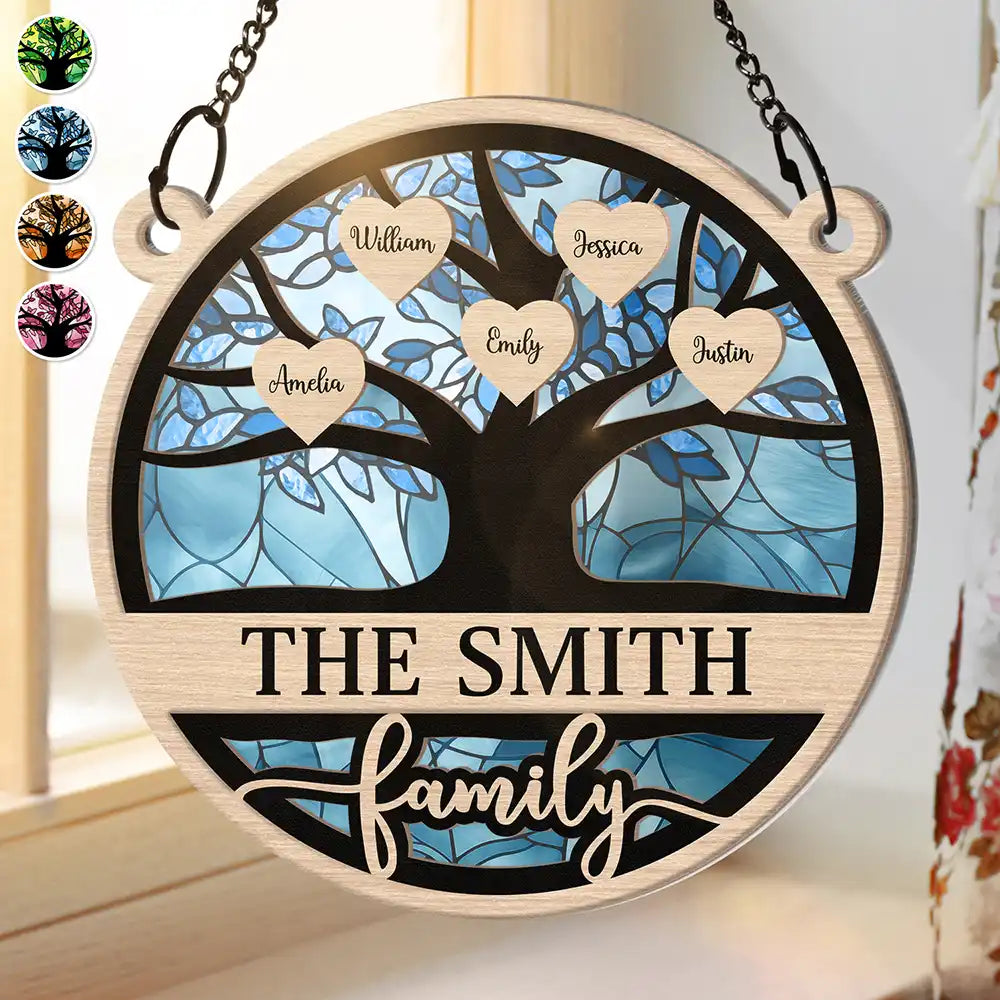 Gift For Couples,Gift For Husband,Gift For Wife,Parents,Family,Gift For Father,Gift For Mother,Gift For Grandpa,Gift For Grandma,Love,Christmas - Family Heart Tree - Personalized Window Hanging Suncatcher Ornament