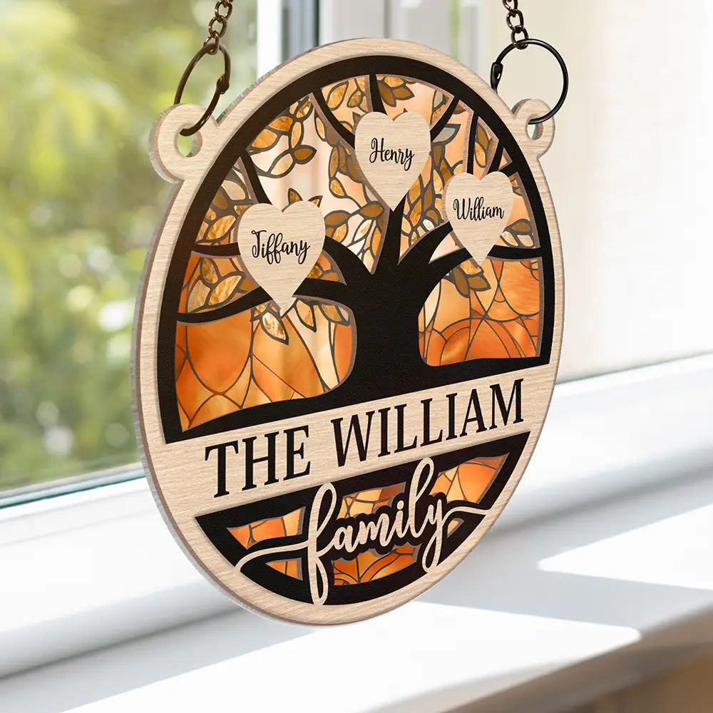 Gift For Couples,Gift For Husband,Gift For Wife,Parents,Family,Gift For Father,Gift For Mother,Gift For Grandpa,Gift For Grandma,Love,Christmas - Family Heart Tree - Personalized Window Hanging Suncatcher Ornament