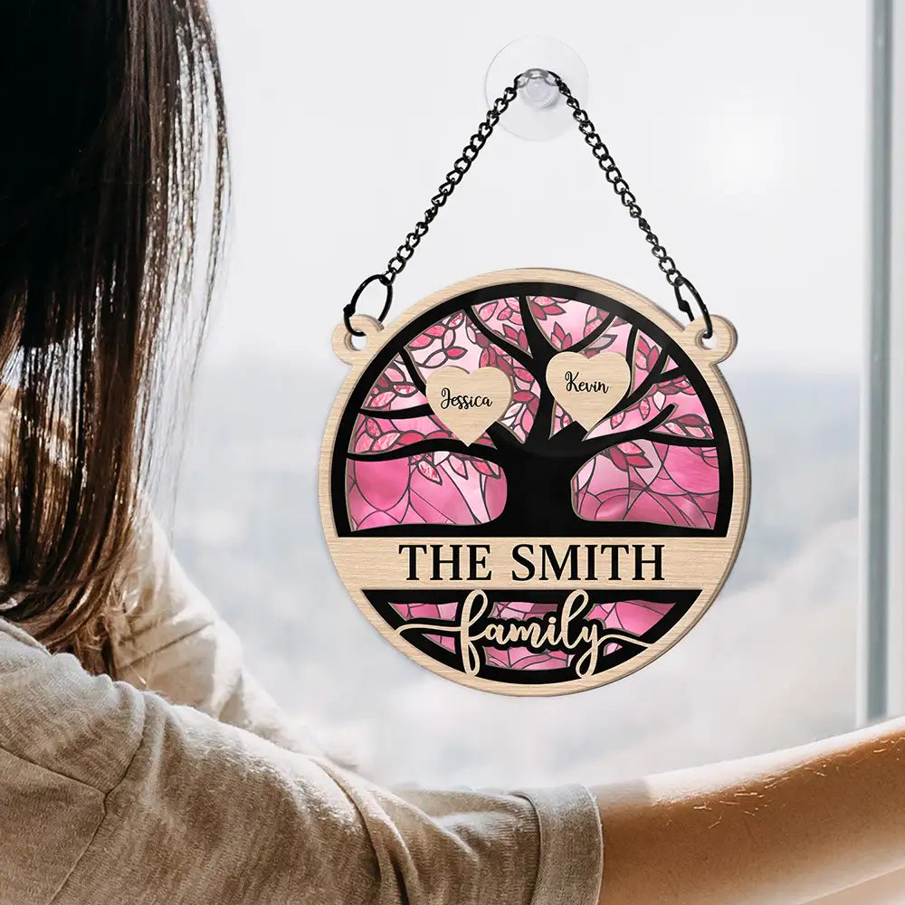 Gift For Couples,Gift For Husband,Gift For Wife,Parents,Family,Gift For Father,Gift For Mother,Gift For Grandpa,Gift For Grandma,Love,Christmas - Family Heart Tree - Personalized Window Hanging Suncatcher Ornament
