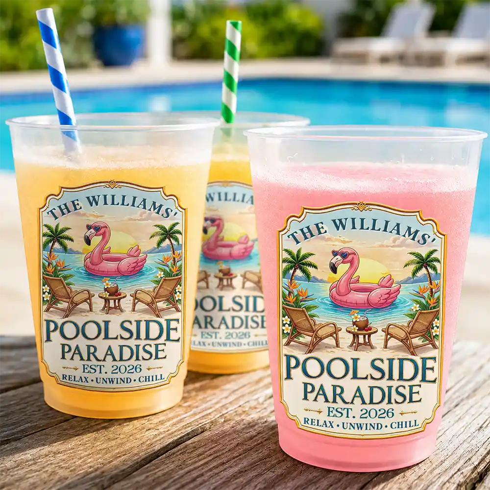 Family Poolside Paradise Backyard Flamingo Party Cups - Personalized Frosted Cups