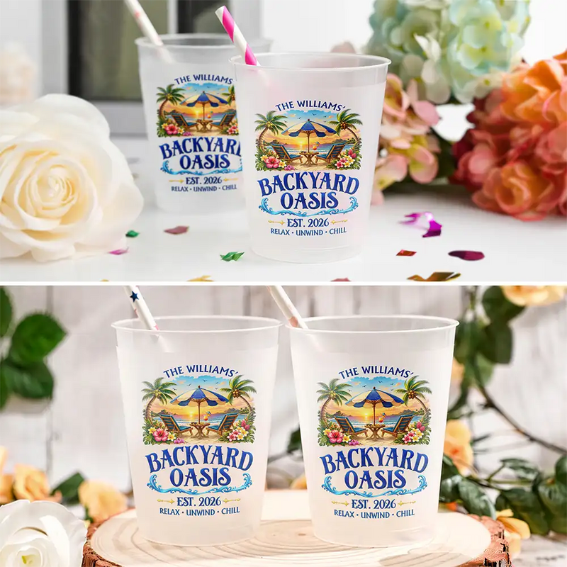 Top Market,Family,Poolside,Outdoor Decor,Custom Text,Happy - Family Poolside Paradise Backyard Party Cups - Personalized Frosted Cups