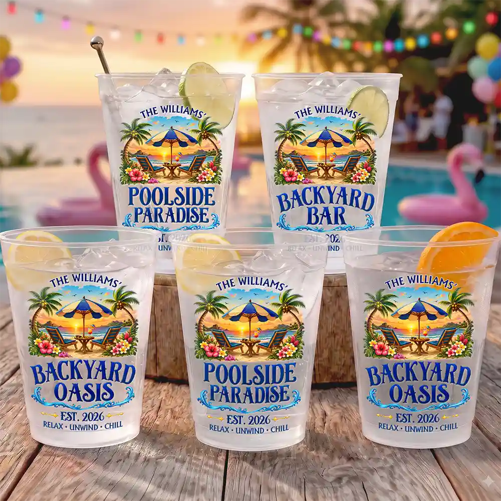 Top Market,Family,Poolside,Outdoor Decor,Custom Text,Happy - Family Poolside Paradise Backyard Party Cups - Personalized Frosted Cups