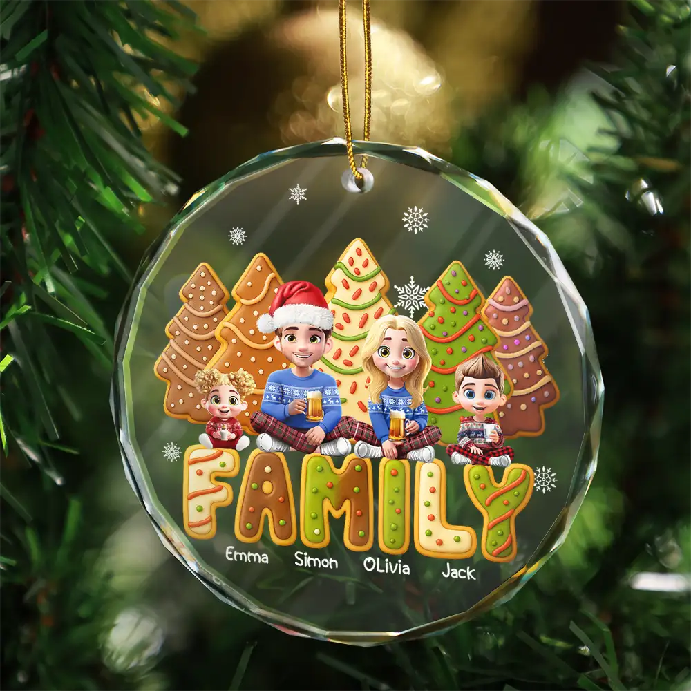Christmas,Family,Happy - Family Sitting Cake Cookie Tree - Personalized Circle Glass Ornament