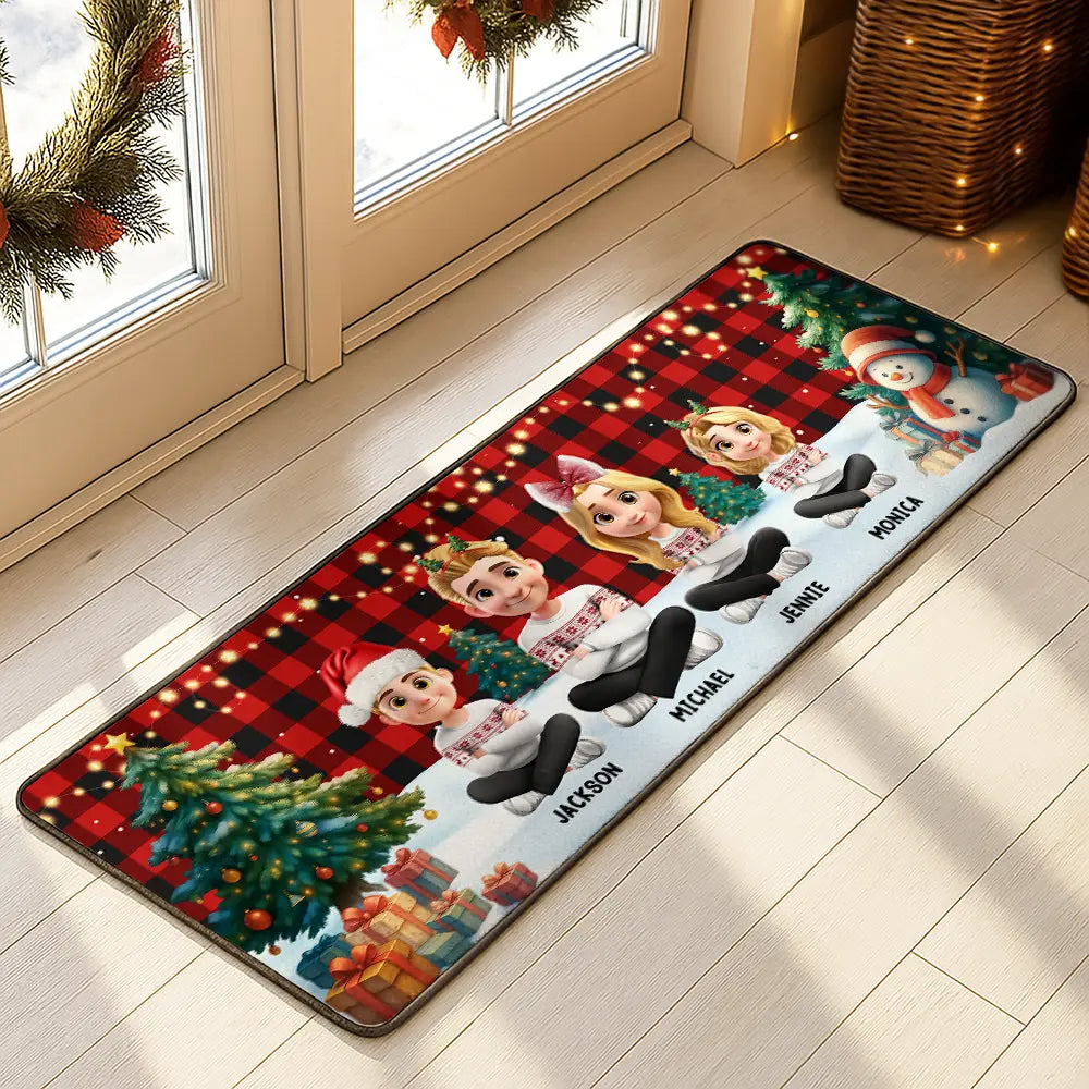 Family Sitting Christmas Plaid Pattern - Personalized Runner Rug