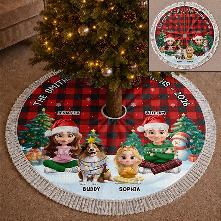 Family Sitting Christmas Plaid Pattern - Personalized Tree Skirt