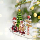 Family,Happy,Christmas,Pet Lovers - Family Sitting Together Sign Post - Personalized Custom Shaped Acrylic Ornament