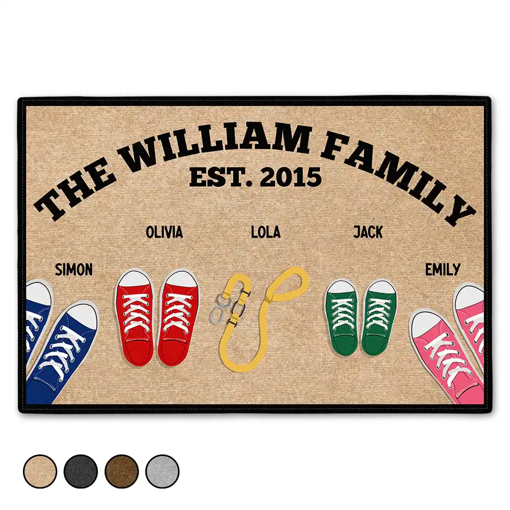 Family Sneakers And Pet Leash - Personalized Doormat
