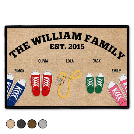 Family Sneakers And Pet Leash - Personalized Doormat