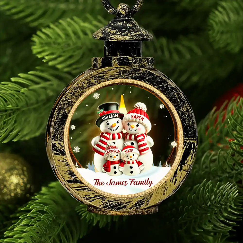 Happy,Family,Christmas - Family Snowman - Personalized Candlelight Lantern Ornament