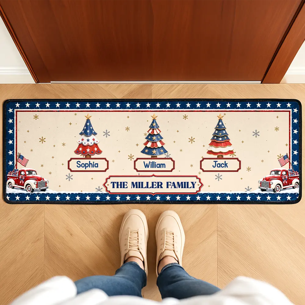 Sentimental,America 250th,Christmas,Family,Icon - Family Stars & Stripes Christmas Trees - Personalized Runner Rug
