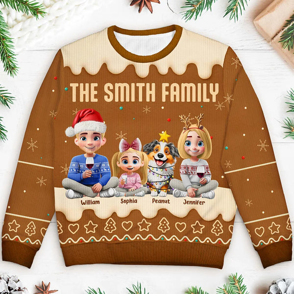 Christmas, Family, Pet Couple, Happy - Family Together Christmas Gingerbread Pattern - Personalized Unisex Ugly Sweater