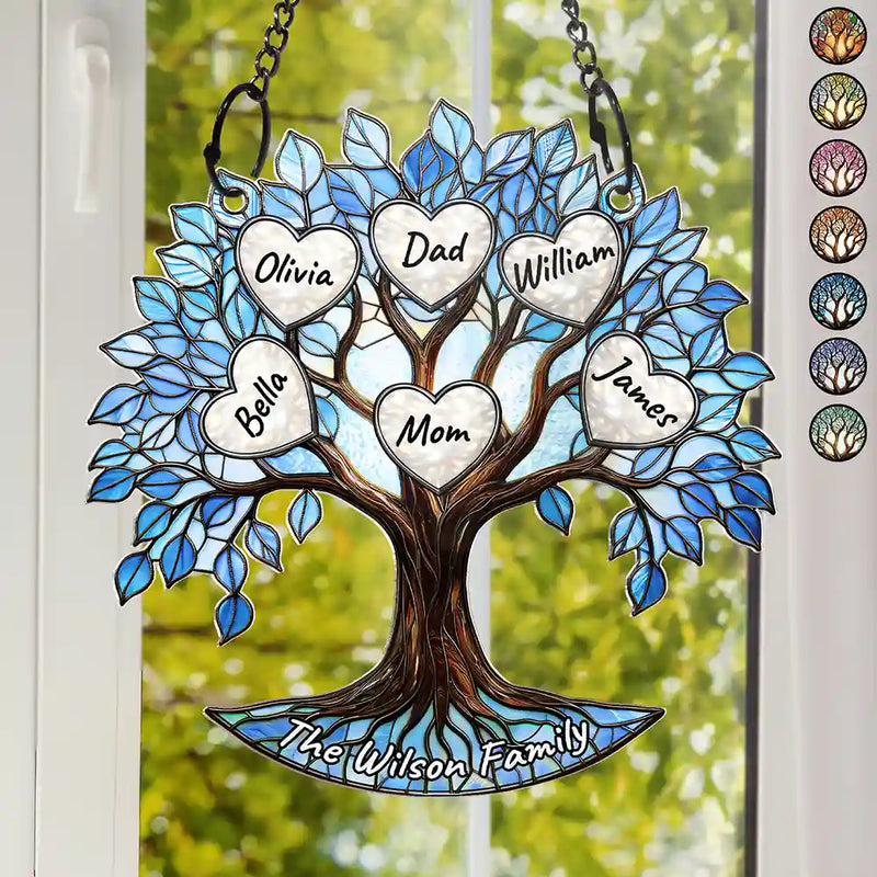 Family,Gift For Mother,Happy - Family Tree Of Life Where Life Begins And Love Never Ends - Personalized Window Hanging Suncatcher Ornament