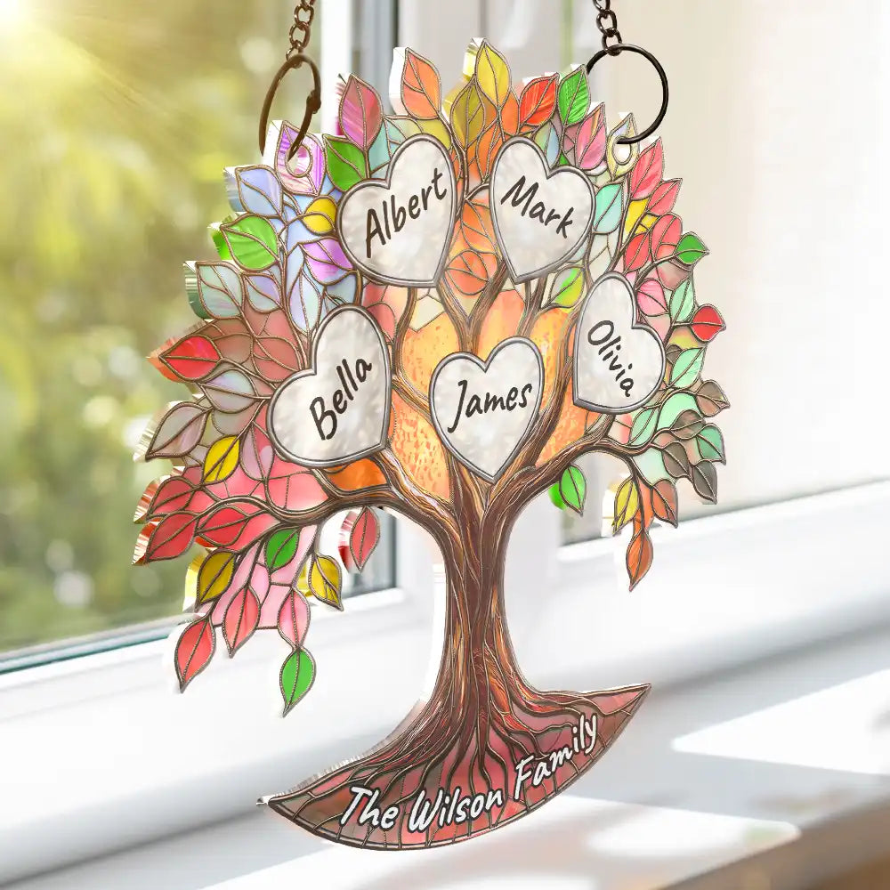 Family,Gift For Mother,Happy - Family Tree Of Life Where Life Begins And Love Never Ends - Personalized Window Hanging Suncatcher Ornament