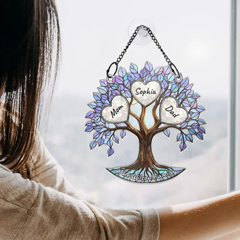 Family,Gift For Mother,Happy - Family Tree Of Life Where Life Begins And Love Never Ends - Personalized Window Hanging Suncatcher Ornament