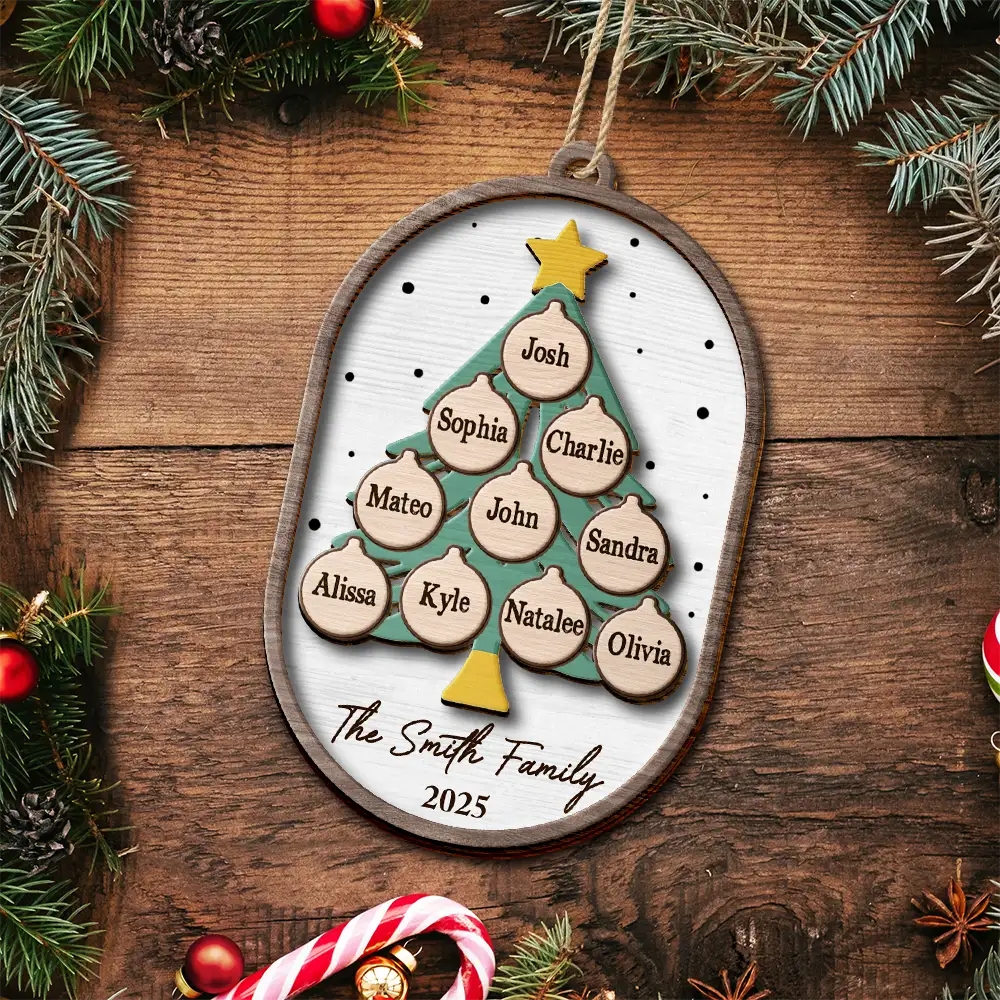 Christmas, Family, Happy - Family Tree Ornamnet - Personalized 2-Layered Wooden Ornament
