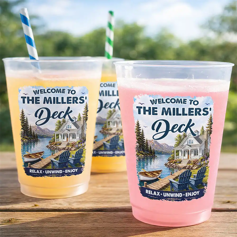 Family,Summer,Outdoor Decor,Lake,Icon,Happy - Family Welcome To Our Lake House - Personalized Frosted Cups