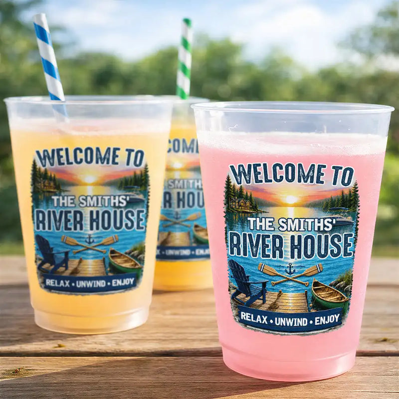 Top Market,Family,Summer,Outdoor Decor,Lake,Custom Text,Happy - Family Welcome To Our Lake House Party - Personalized Frosted Cups