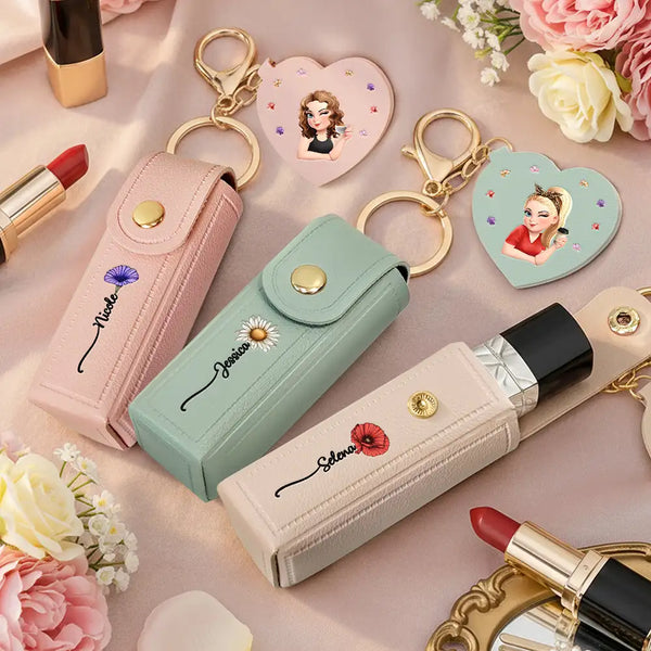 Gift For Women, Gift For Wife, Gift For Girlfriend, Love - Fancy Girl Woman Bloom In Love - Personalized Leather Lipstick Case Keychain With Mirror