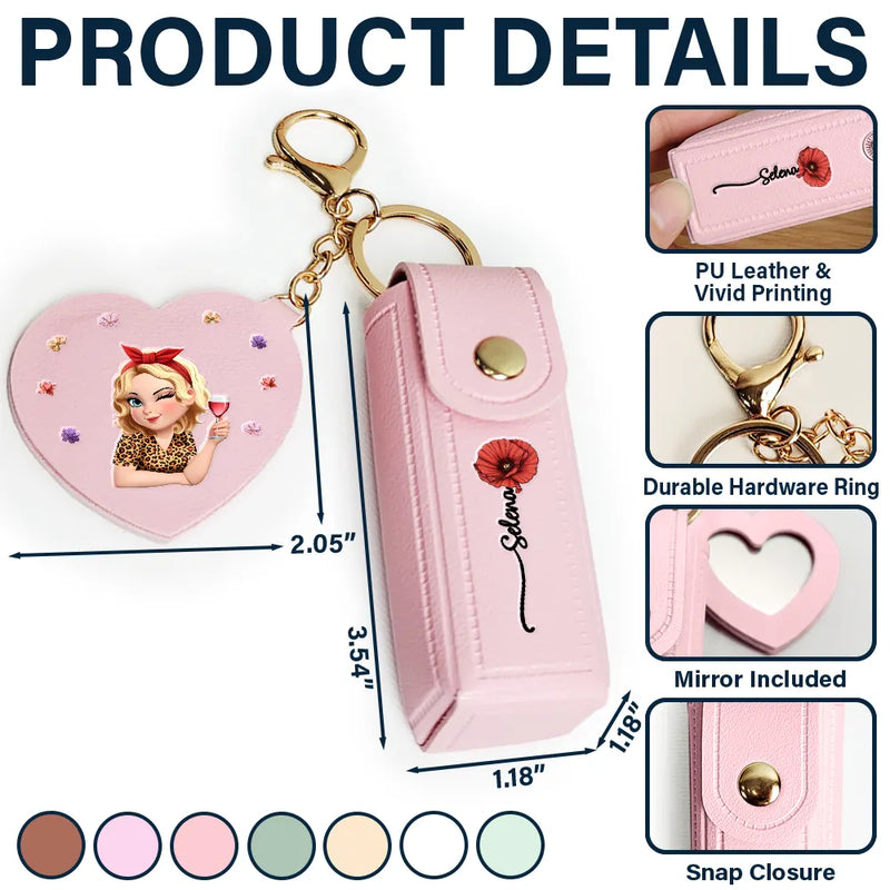 Gift For Women, Gift For Wife, Gift For Girlfriend, Love - Fancy Girl Woman Bloom In Love - Personalized Leather Lipstick Case Keychain With Mirror