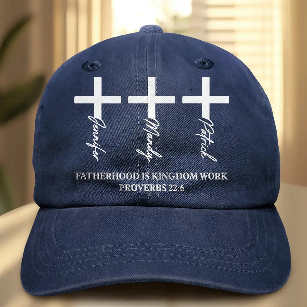 Christian,Gift For Men,Dad - Children,Gift For Father,Gift For Husband,Non-Eng,Icon,Devoted - Fatherhood Is Kingdom Work Cross And Name - Personalized Vintage Washed Denim Cap