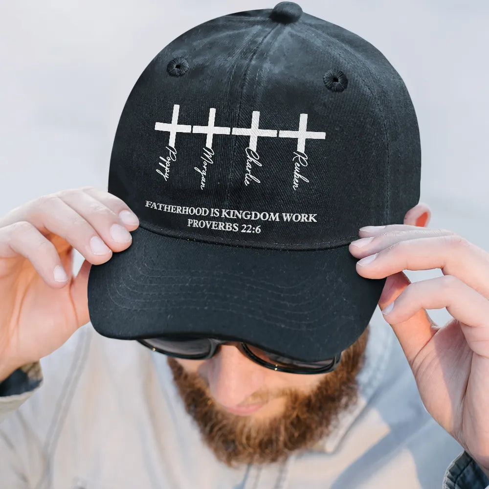 Christian,Gift For Men,Dad - Children,Gift For Father,Gift For Husband,Non-Eng,Icon,Devoted - Fatherhood Is Kingdom Work Cross And Name - Personalized Vintage Washed Denim Cap