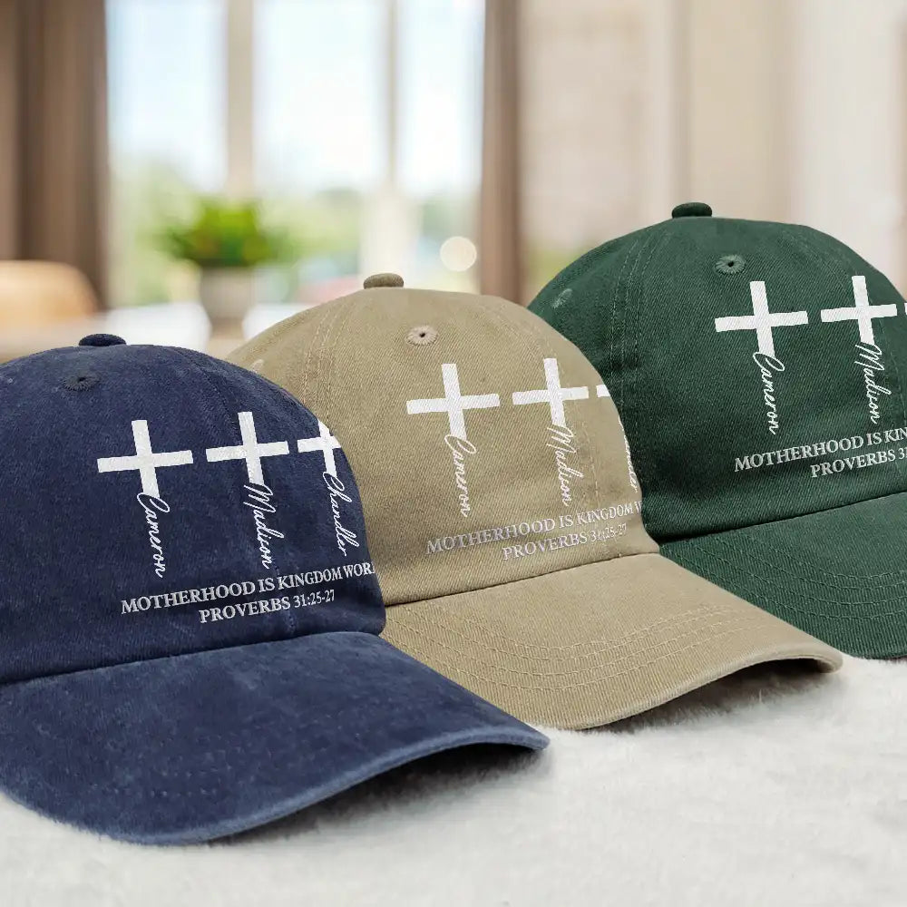 Christian,Gift For Men,Dad - Children,Gift For Father,Gift For Husband,Non-Eng,Icon,Devoted - Fatherhood Is Kingdom Work Cross And Name - Personalized Vintage Washed Denim Cap