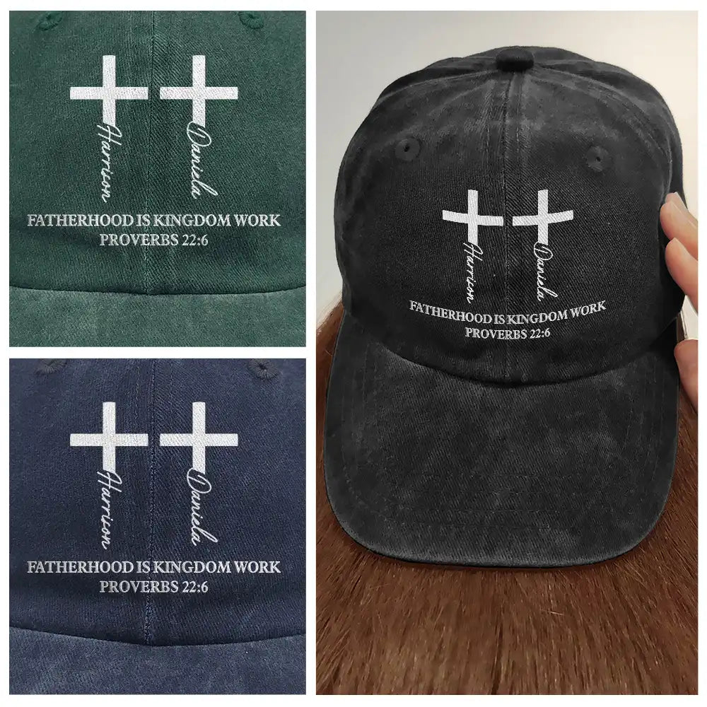 Christian,Gift For Men,Dad - Children,Gift For Father,Gift For Husband,Non-Eng,Icon,Devoted - Fatherhood Is Kingdom Work Cross And Name - Personalized Vintage Washed Denim Cap