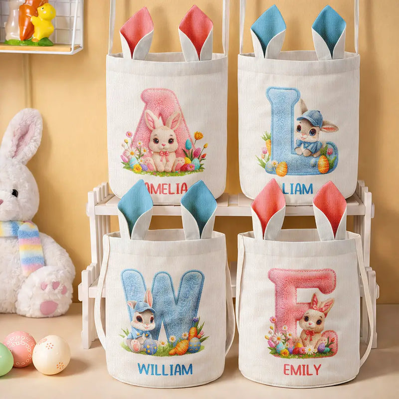 Easter,Gift For Kids,Grandma - Grandkids,Gift For Grandkids,Grandpa - Grandkids,Dad - Children,Mom - Children,Happy - Faux Chenille Bunny Alphabet Letters - Personalized Bunny Ears Bucket Bag