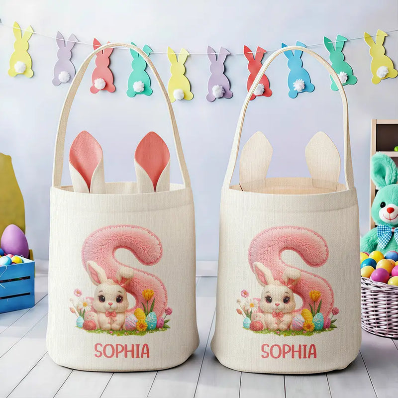 Easter,Gift For Kids,Grandma - Grandkids,Gift For Grandkids,Grandpa - Grandkids,Dad - Children,Mom - Children,Happy - Faux Chenille Bunny Alphabet Letters - Personalized Bunny Ears Bucket Bag