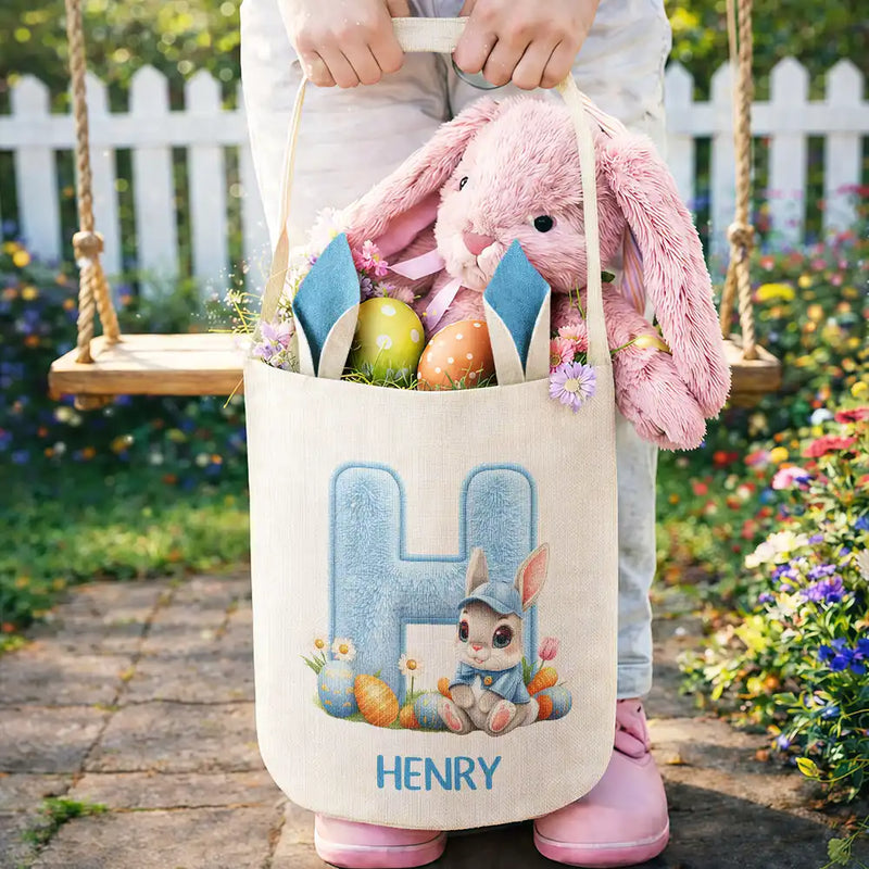 Easter,Gift For Kids,Grandma - Grandkids,Gift For Grandkids,Grandpa - Grandkids,Dad - Children,Mom - Children,Happy - Faux Chenille Bunny Alphabet Letters - Personalized Bunny Ears Bucket Bag