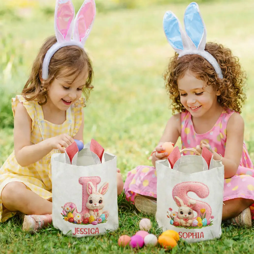 Easter,Gift For Kids,Grandma - Grandkids,Gift For Grandkids,Grandpa - Grandkids,Dad - Children,Mom - Children,Happy - Faux Chenille Bunny Alphabet Letters - Personalized Bunny Ears Bucket Bag
