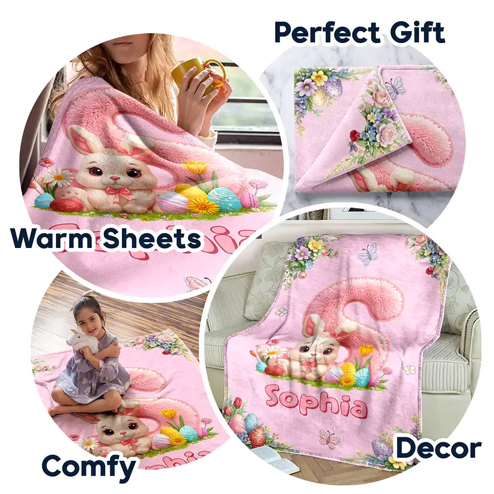 Easter,Non-Eng,Gift For Kids,Gift For Grandkids,Grandma - Grandkids,Grandpa - Grandkids,Dad - Children,Mom - Children,Happy - Faux Chenille Bunny Alphabet Letters - Personalized Fleece Blanket, Sherpa Blanket