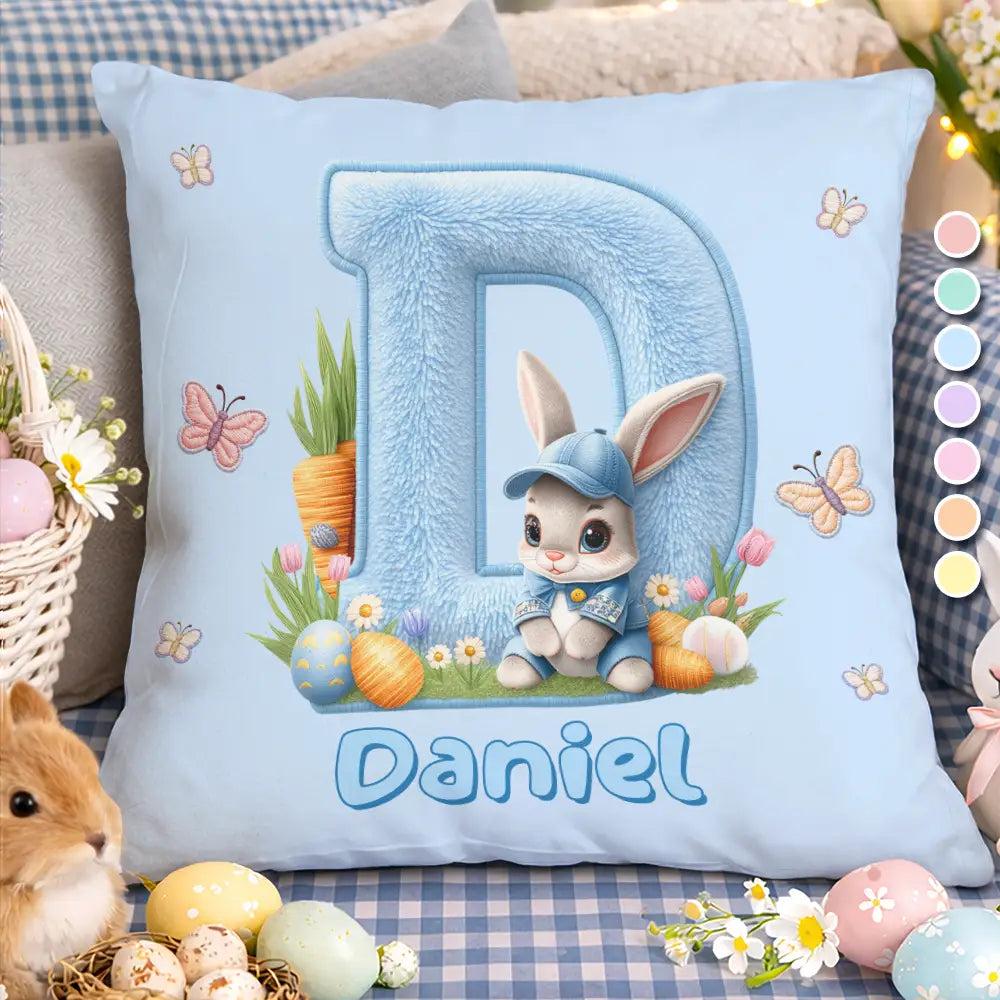 Faux Embroidery Effect Chenille Bunny Alphabet Letters - Personalized Pillow