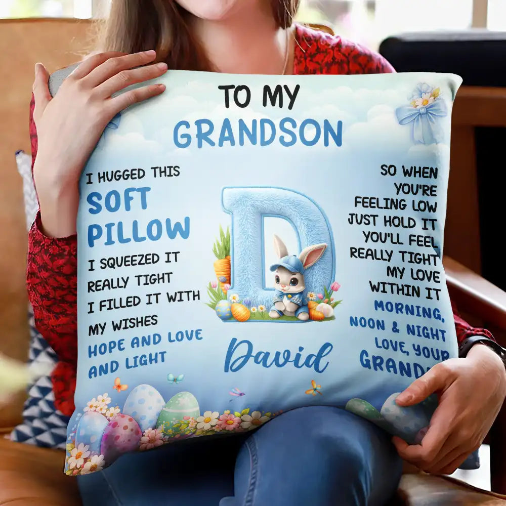 Easter,Gift For Kids,Gift For Grandkids,Grandma - Grandkids,Grandpa - Grandkids,Happy - Faux Embroidered Bunny Hugging Initial Letter - Personalized Pillow