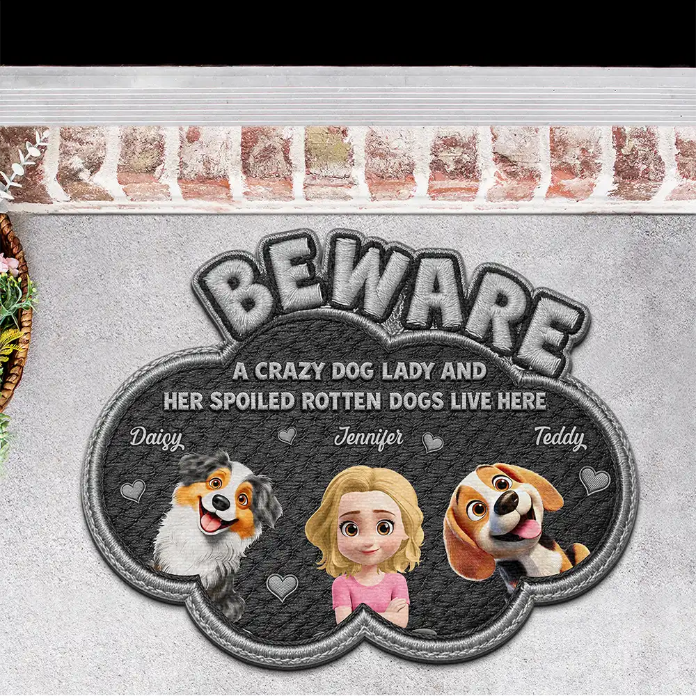 Pet Lovers,Pet Mom,Pet Dad,Pet Couple,Cat Lovers,Cat Mom,Cat Dad,Cat Couple,Dog Lovers,Dog Mom,Dog Dad,Dog Couple,Gift For Women,Gift For Men,Happy,Top Market - Faux Embroidery Effect A Crazy Cat Lady And Her Spoiled Rotten Dogs Cats - Personalized Custom Shaped Doormat