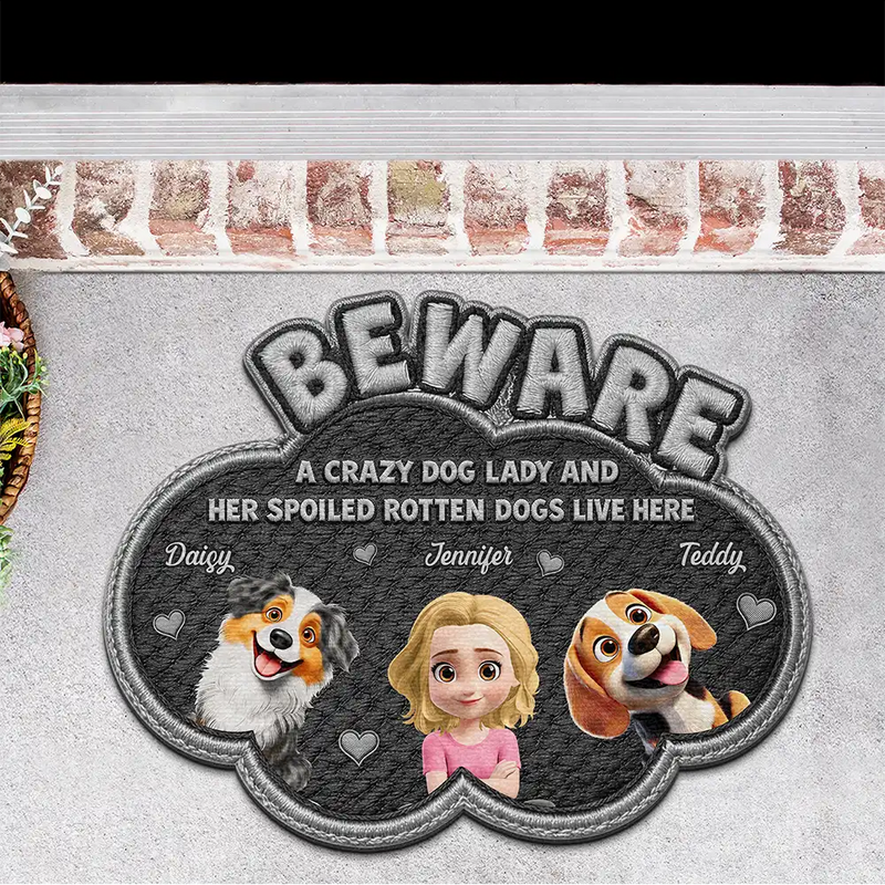 Pet Lovers,Pet Mom,Pet Dad,Pet Couple,Cat Lovers,Cat Mom,Cat Dad,Cat Couple,Dog Lovers,Dog Mom,Dog Dad,Dog Couple,Gift For Women,Gift For Men,Happy,Top Market - Faux Embroidery Effect A Crazy Cat Lady And Her Spoiled Rotten Dogs Cats - Personalized Custom Shaped Doormat