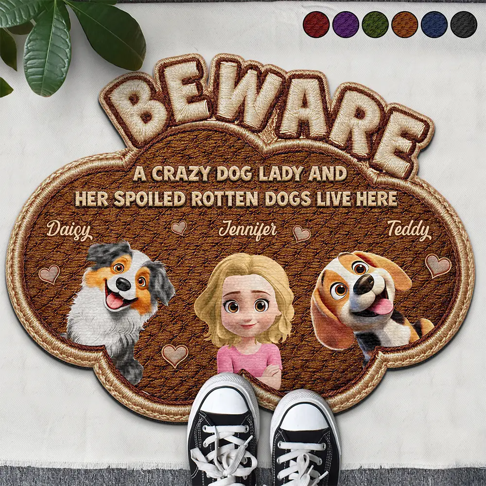 Pet Lovers,Pet Mom,Pet Dad,Pet Couple,Cat Lovers,Cat Mom,Cat Dad,Cat Couple,Dog Lovers,Dog Mom,Dog Dad,Dog Couple,Gift For Women,Gift For Men,Happy,Top Market - Faux Embroidery Effect A Crazy Cat Lady And Her Spoiled Rotten Dogs Cats - Personalized Custom Shaped Doormat