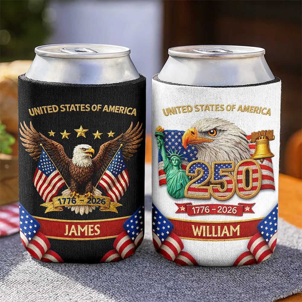 Faux Embroidery Effect America 250th Anniversary - Personalized Can Cooler Sleeve