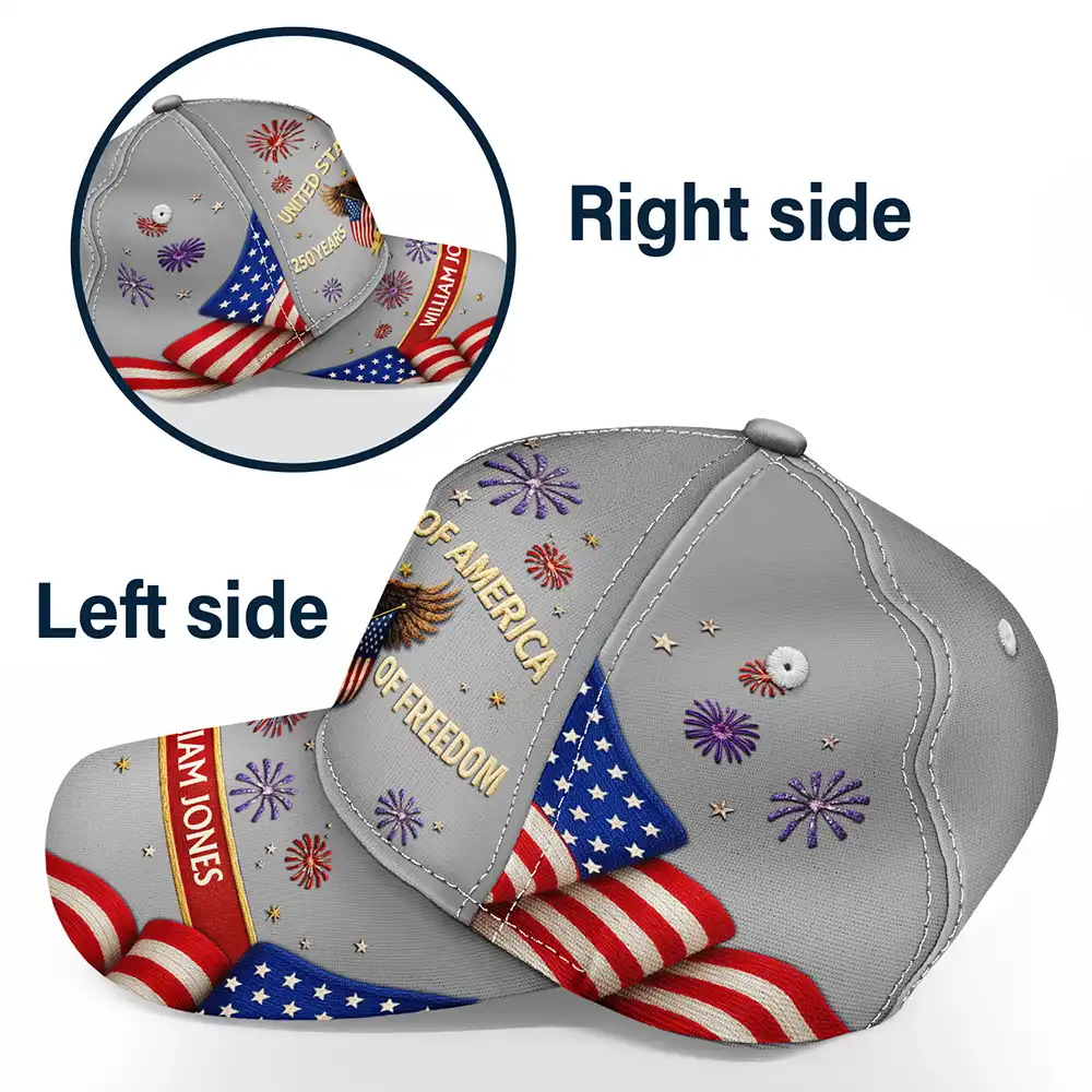 America 250th, Independence Day, Gift For Yourself, Proud, Custom Text - Faux Embroidery Effect America 250th Anniversary - Personalized Classic Cap