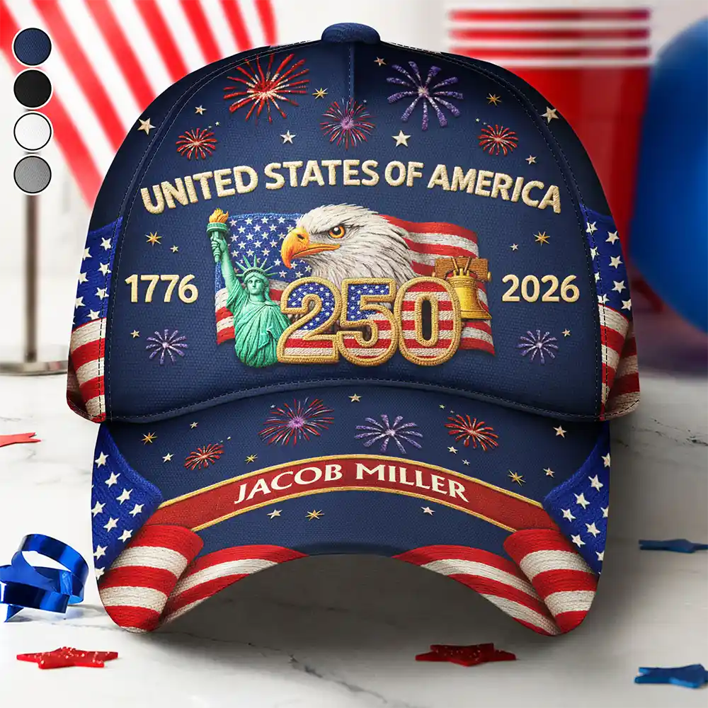 America 250th, Independence Day, Gift For Yourself, Proud, Custom Text - Faux Embroidery Effect America 250th Anniversary - Personalized Classic Cap