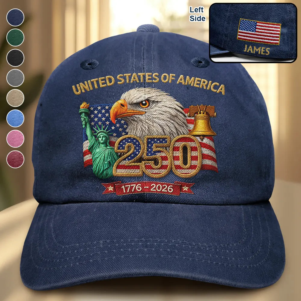 America 250th,Independence Day,Gift For Yourself,Proud,Custom Text - Faux Embroidery Effect America 250th Anniversary - Personalized Vintage Washed Denim Cap