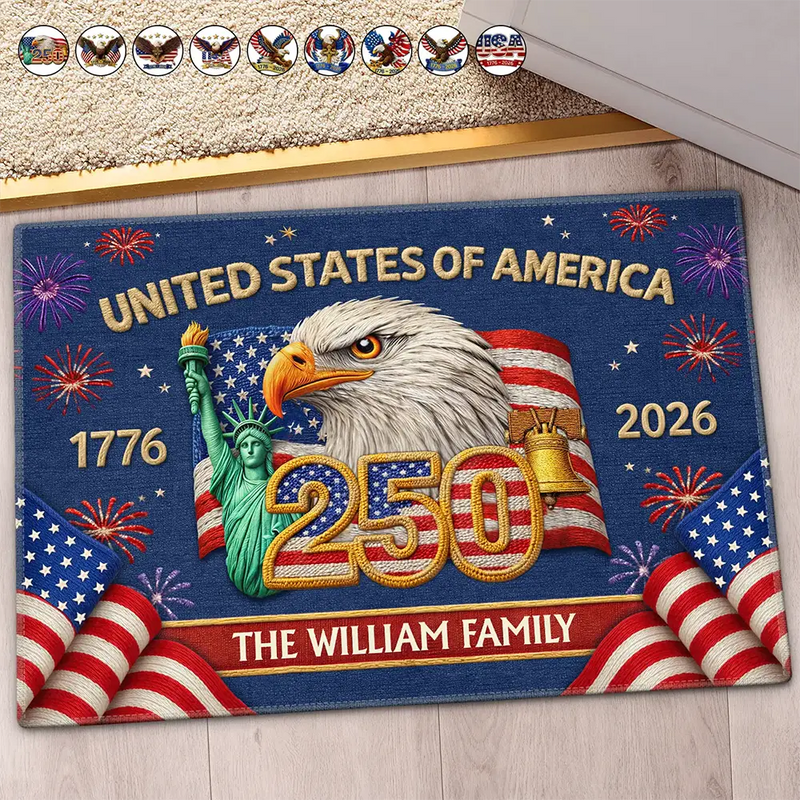 America 250th,Independence Day,Family,Proud,Custom Text - Faux Embroidery Effect America 250th Anniversary Family Name - Personalized Doormat