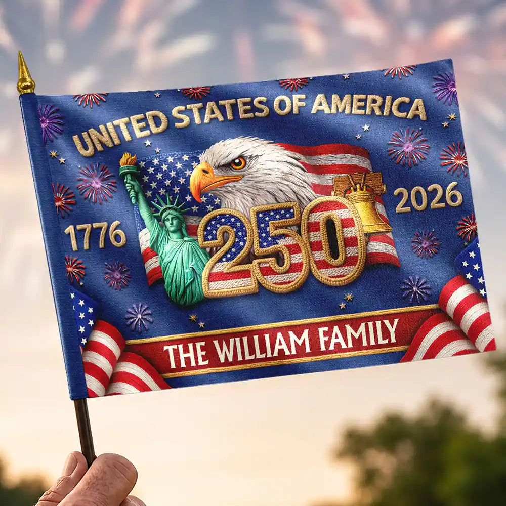 America 250th,Independence Day,Family,Proud,Custom Text - Faux Embroidery Effect America 250th Anniversary Family Name - Personalized Handheld Flag