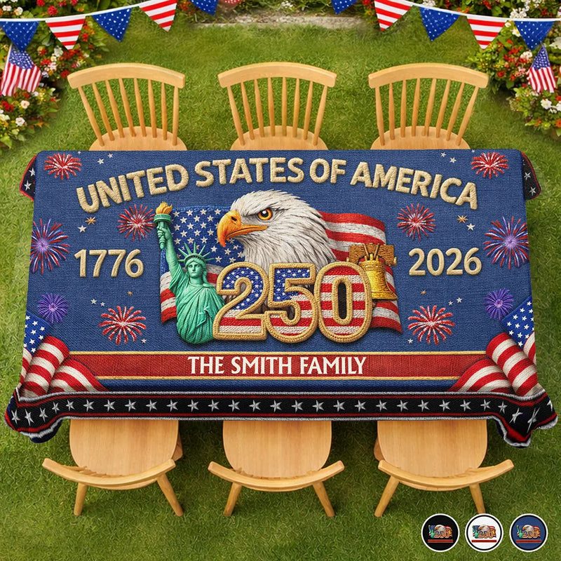 Independence Day,America 250th,Family,Proud - Faux Embroidery Effect America 250th Anniversary Family Name - Personalized Tablecloth