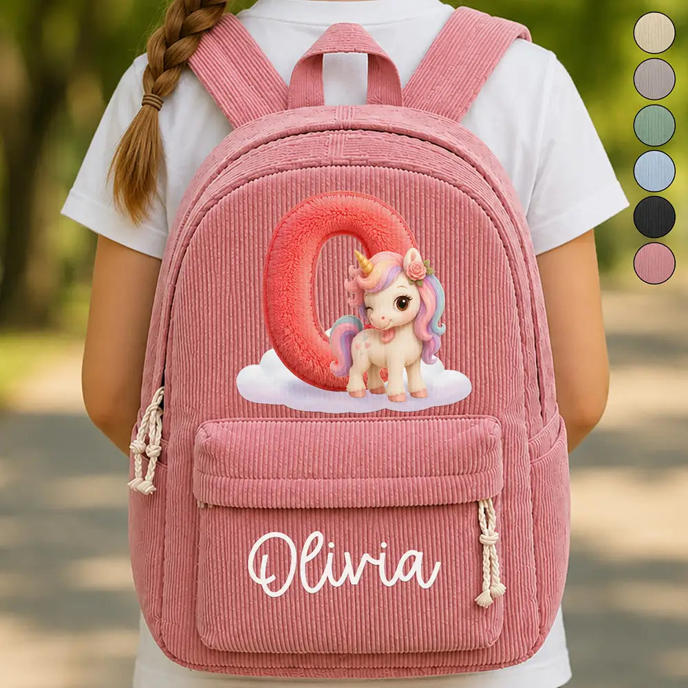 Playful, Back To School, Gift For Kids, Icon - Faux Embroidery Effect Chenille Animal & Alphabet Letters - Personalized Corduroy Backpack