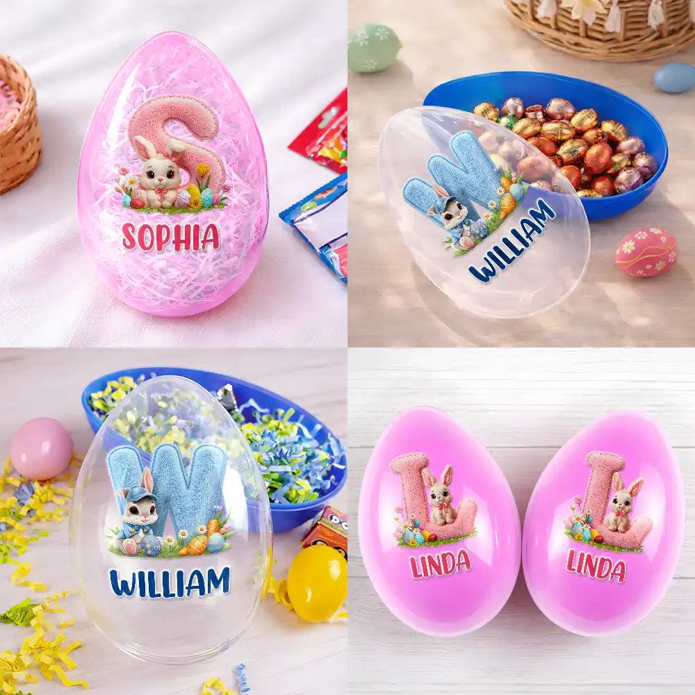 Easter,Non-Eng,Gift For Kids,Gift For Grandkids,Grandma - Grandkids,Grandpa - Grandkids,Dad - Children,Mom - Children,Happy - Faux Embroidery Effect Chenille Bunny Alphabet Letters - Personalized Fillable Egg