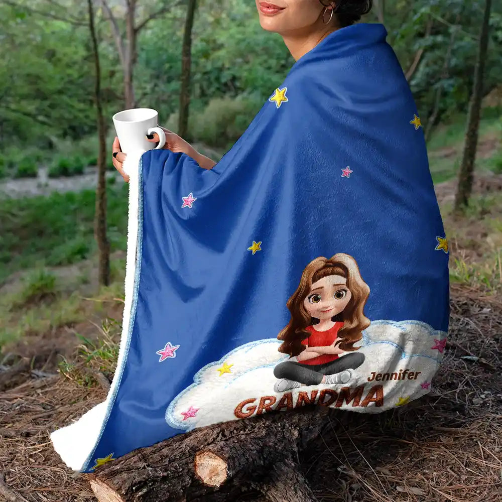 Gift For Grandma,Gift For Grandpa,Grandpa - Grandkids,Grandma - Grandkids,Gift For Women,Gift For Men,Happy - Faux Embroidery Effect Grandkids Mom Grandma We Love You - Personalized Fleece Blanket, Sherpa Blanket