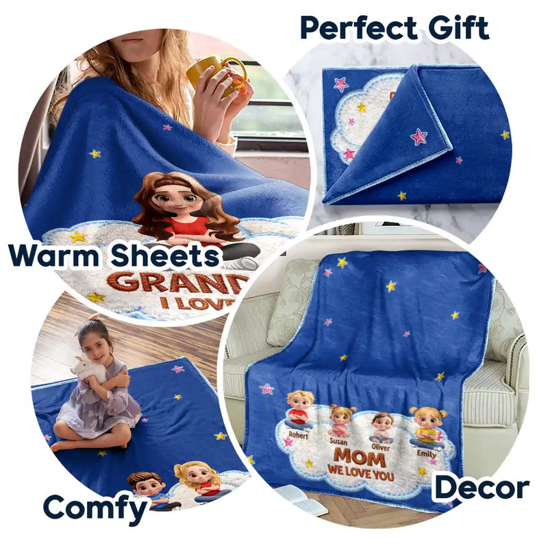 Gift For Grandma,Gift For Grandpa,Grandpa - Grandkids,Grandma - Grandkids,Gift For Women,Gift For Men,Happy - Faux Embroidery Effect Grandkids Mom Grandma We Love You - Personalized Fleece Blanket, Sherpa Blanket