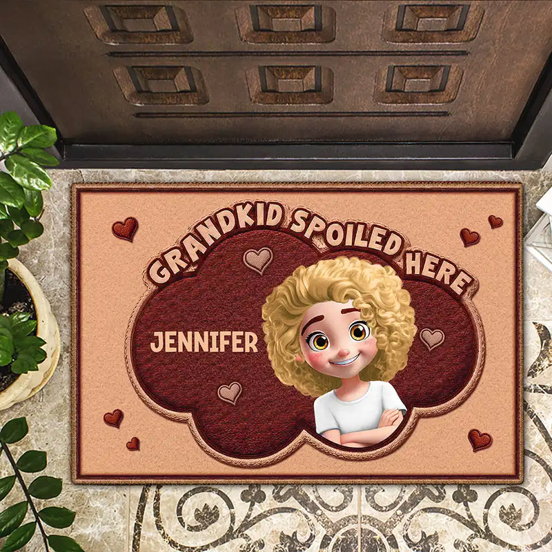 Gift For Grandma,Gift For Grandpa,Grandpa - Grandkids,Grandma - Grandkids,Gift For Women,Gift For Men,Happy - Faux Embroidery Effect Grandkids Spoiled Here - Personalized Doormat